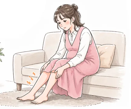 ソファで足のむくみを気にする妊婦さん