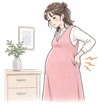 腰の痛みに手を当てる妊婦さん