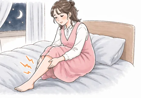 ベッドでこむら返りに耐える妊婦さん