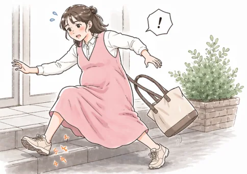 玄関でつまずく妊婦さん