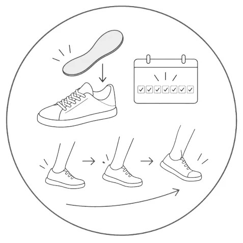靴にインソールを入れて少しずつ歩く絵