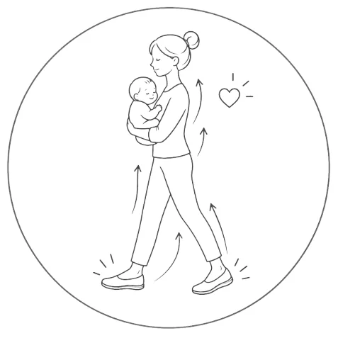 赤ちゃんを抱っこして軽やかに歩くママの絵