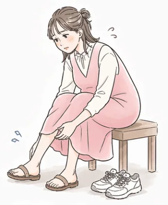 椅子に座ってむくんだ足をさする妊婦さん