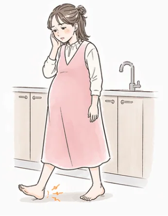 台所で足の裏の痛みを気にする妊婦さん